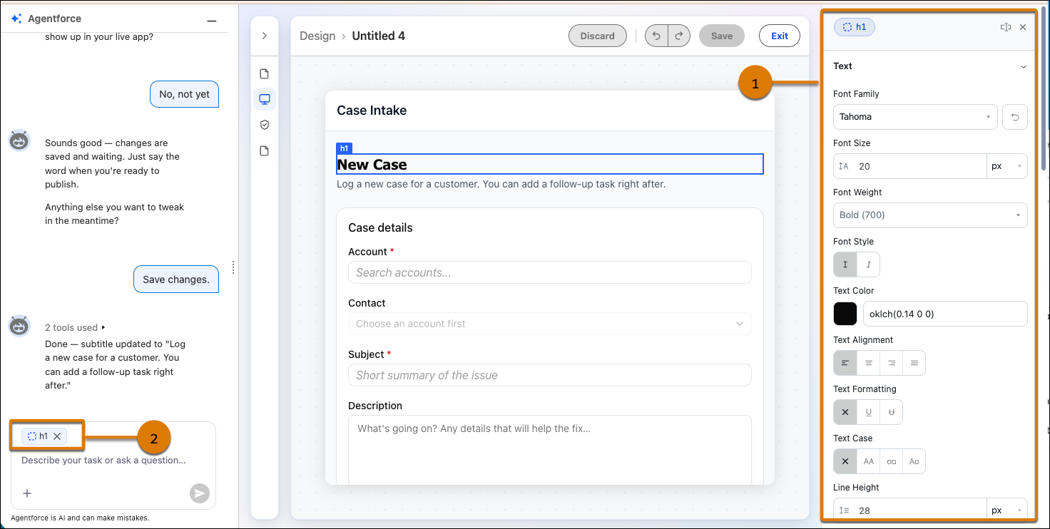 The Builder Central Design panel with an element selected on the canvas, its settings shown in the property panel, and the same element shown in the chat panel.