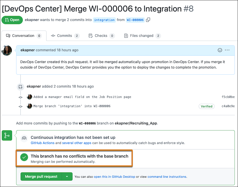 GitHub-pull-anmodning, der viser, at forgreningen ikke længere indeholder konflikter.