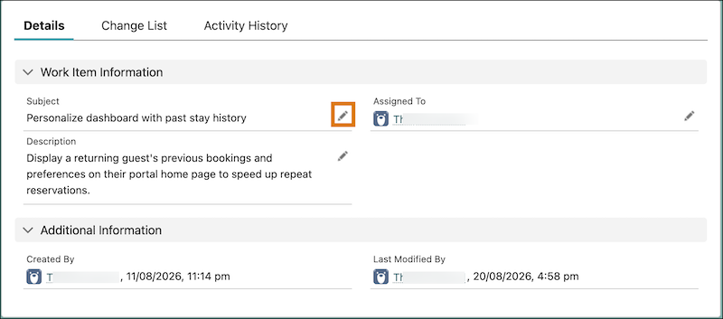 Work item details with the edit icon highlighted.