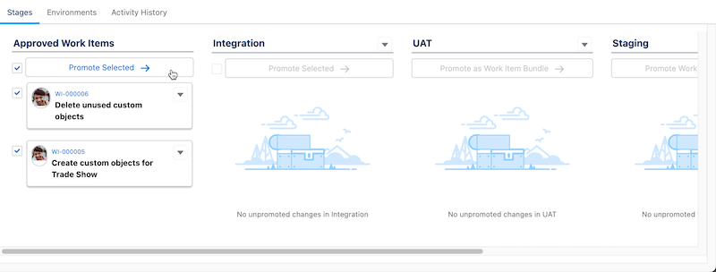 Two work items selected for promotion from Approved Work Items to the Integration stage.