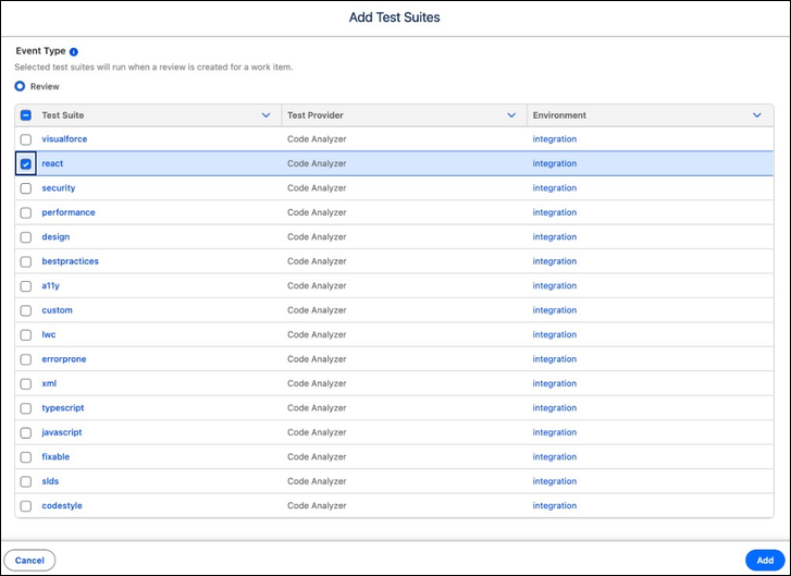Add Test Suites window showing test suites with test provider and environment columns, with a test suite selected for assignment