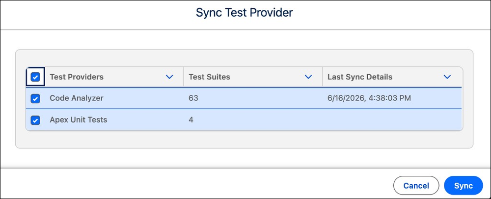 Sync Test Provider window showing test providers with test suite counts and last sync details
