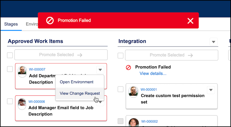 Pipeline Stages work item menu with View Change Request selected.