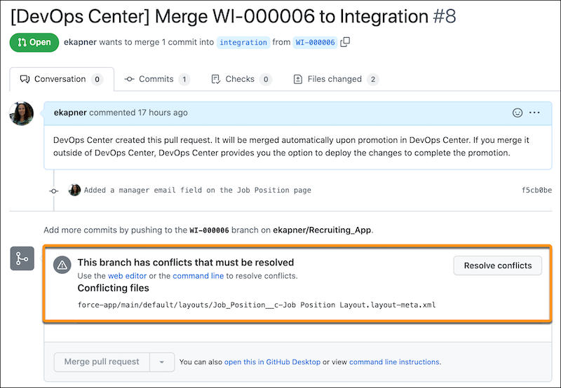 GitHub pull request that indicates that the branch has conflicts that must be resolved.