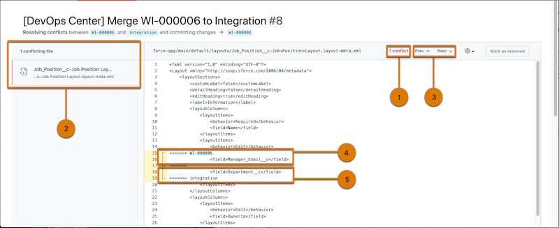 Resolve conflict dialog in GitHub.