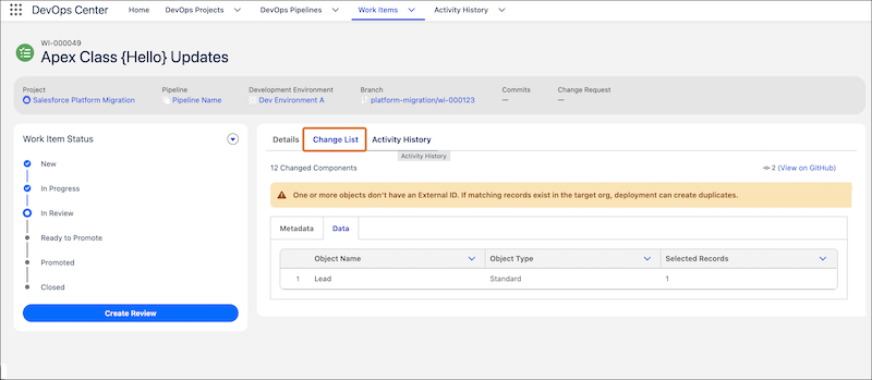 Data changes in the work item change list.