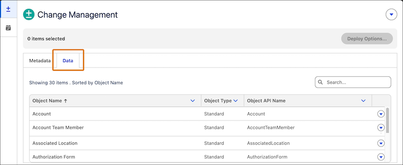 Data tab in Change Management.