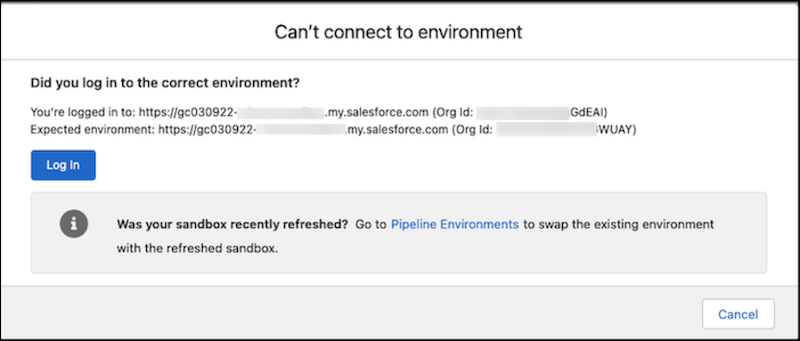No se puede conectar con el entorno porque se actualizó el sandbox.