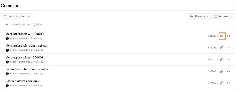 La lista Confirmaciones en GitHub para la sucursal UAT. Puede hacer clic en el icono Copiar para copiar el SHA para su uso posterior.