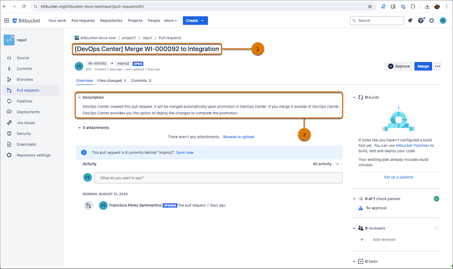 Richiesta di estrazione in Bitbucket con DevOps Center nella riga dell'oggetto e una descrizione che indica che è stata creata da DevOps Center.