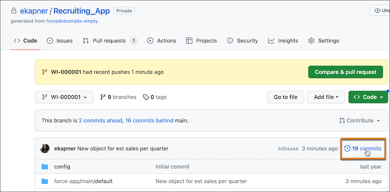 GitHub で、確定のリンクをクリックし、機能ブランチのすべての確定のリストを表示します。