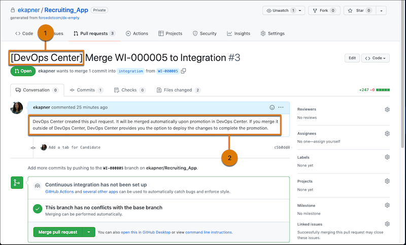 Henteforespørsel i GitHub med DevOps Center på emnelinje og kommentar som indikerer at DevOps Center opprettet den.