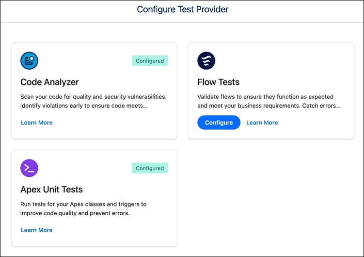 Janela Configurar provedor de teste mostrando provedores de teste disponíveis, incluindo Analisador de código, Testes de fluxo e Testes de unidade do Apex