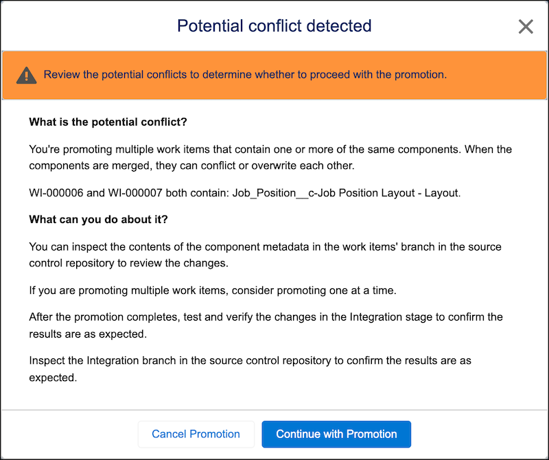 Diálogo Conflito potencial detectado, que descreve o conflito, quais itens de trabalho estão envolvidos e o que você pode fazer sobre isso.