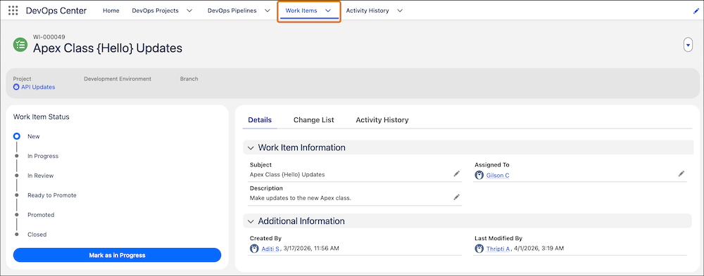 Postsidan för arbetsobjekt visar detaljerna om arbetsobjektet.