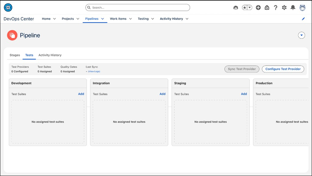 DevOps Center Pipeline-visning, der viser fanen Tests (Test udbydere), Test Suites (Testudbydere), Quality Gate (Kvalitetsgater) og Last Sync-sammendrag samt fasekort for udvikling, integration, faseinddeling og produktion med Tilføj indstillinger for testsuiter