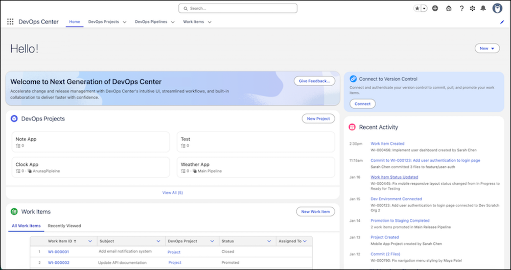 DevOps Center med projekter, arbejdselementer og aktivitetshistorik