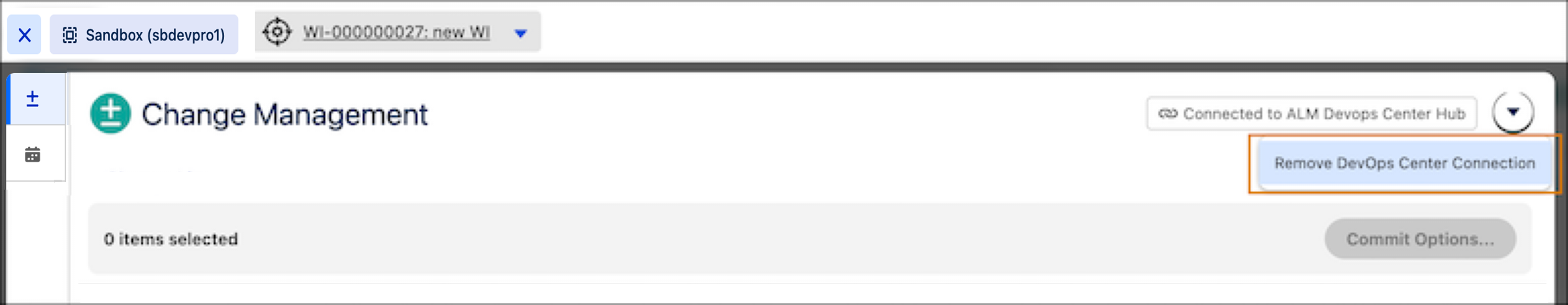Option auf der Seite "Änderungsverwaltung", um die aktuelle DevOps Center-Verbindung zu entfernen.