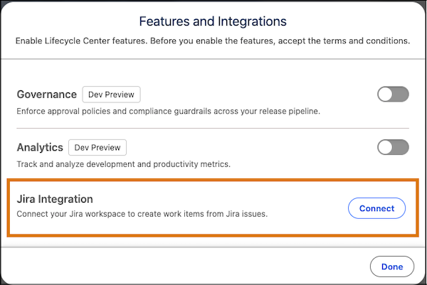 The Jira Integration section in Lifecycle Center Home tab.