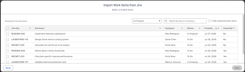 Select Jira issues — filter by project, search by key or summary, and select issues to import.