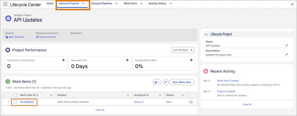 The Projects tab and work item WI-000049 on the API Updates project record page.