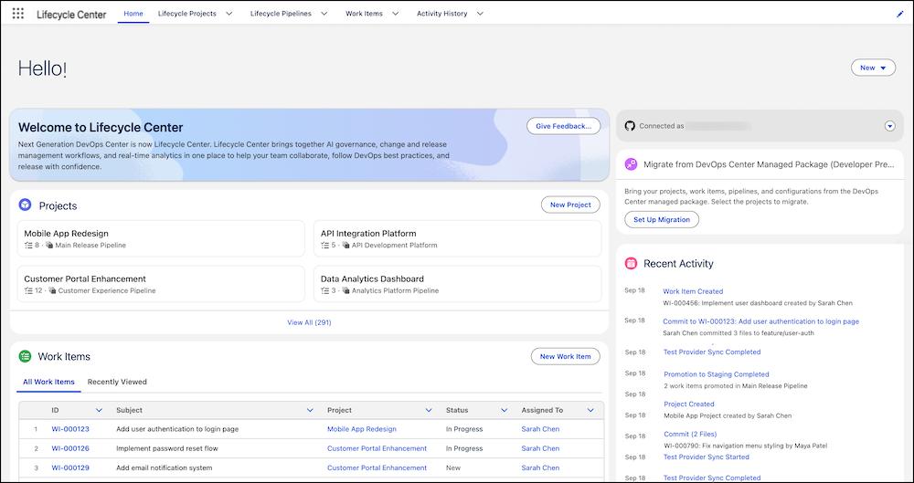 Lifecycle Center home page with projects, work items, and activity history