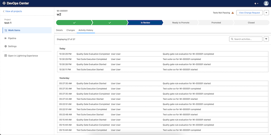 Résumé de l'historique des activités de test dans DevOps Center