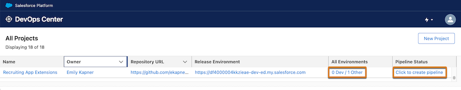 All Project dialog that shows how to add a dev environment by clicking the hot link under All Environments.