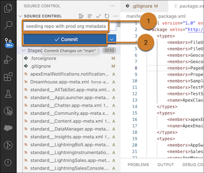 Commit message says "seeding repo with prod org metadata" then the Commit button is highlighted.