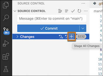 Click the Changes bar, then click the plus sign to stage all changes.