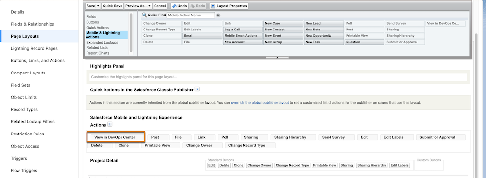Formato de página con el botón Ver en DevOps Center colocado al principio de la lista bajo la sección Salesforce Mobile y Lightning Experience.