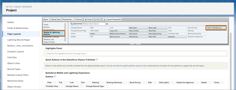 Formato de página con Acciones de Mobile y Lightning resaltadas en el panel lateral izquierdo y botón Ver en DevOps Center resaltado en el panel derecho.