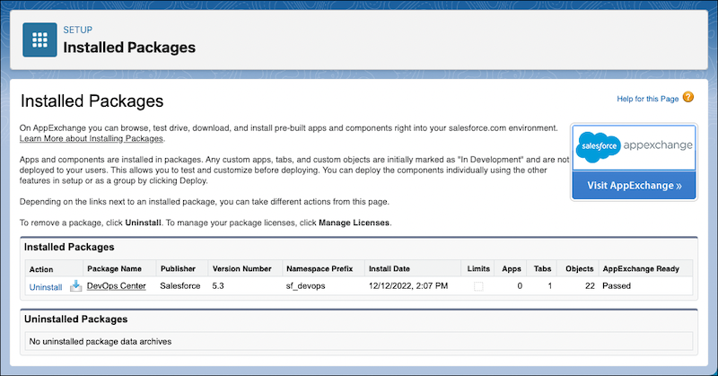 Página Configuración de paquetes de instalación que muestra que DevOps Center se instaló correctamente.