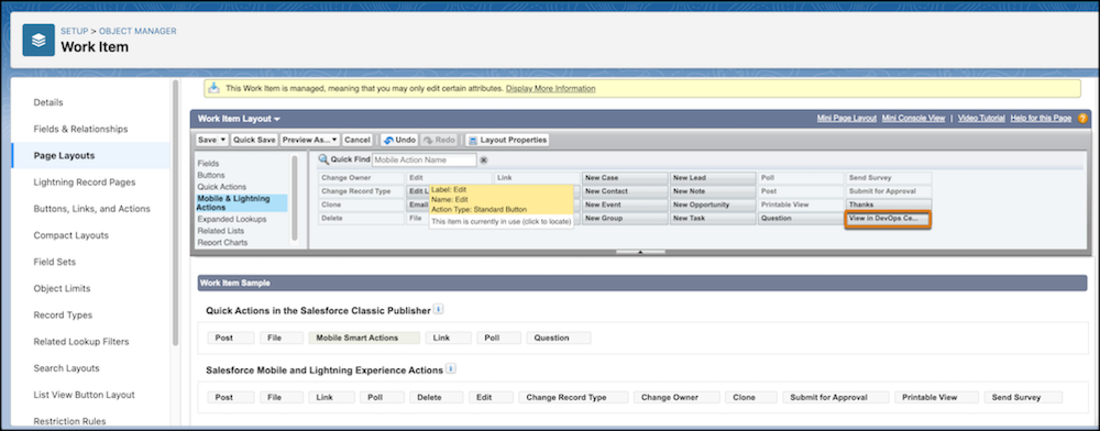 左側のパネルで [モバイルおよび Lightning のアクション] が強調表示され、右側のパネルで [DevOps センターで表示] ボタンが強調表示されているページレイアウト。