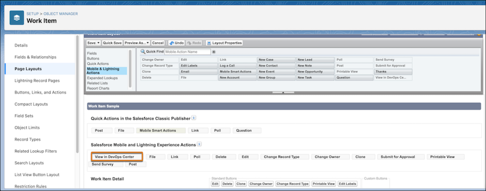 Salesforce 모바일 및 Lightning Experience 섹션 아래의 목록 시작 부분에 DevOps Center 보기 버튼이 있는 페이지 레이아웃