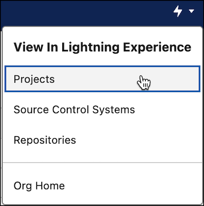 Projekt är det första alternativet i Lightning Experiences rullmeny.
