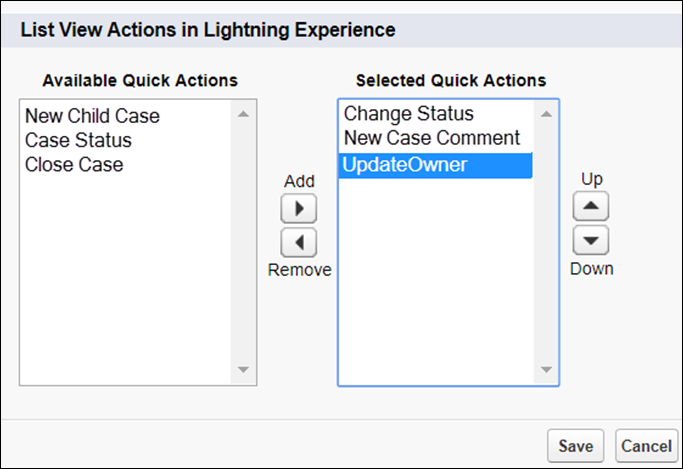 Screenshot der Listenansichtsaktionen in Lightning Experience für das Kundenvorgangsobjekt.