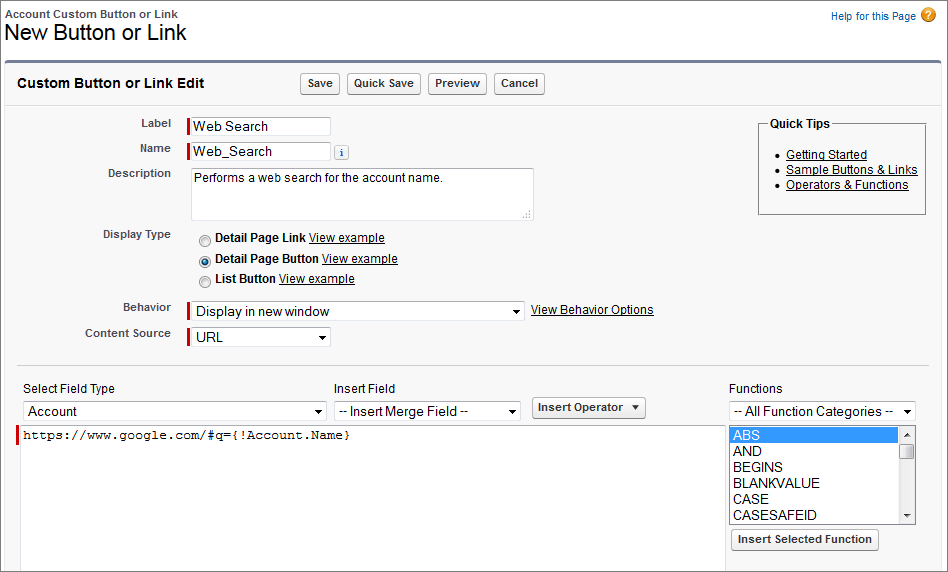 Button and link creation page