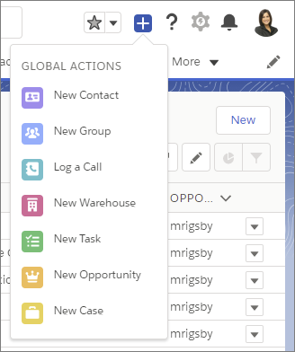 Global Actions menu in Lightning Experience