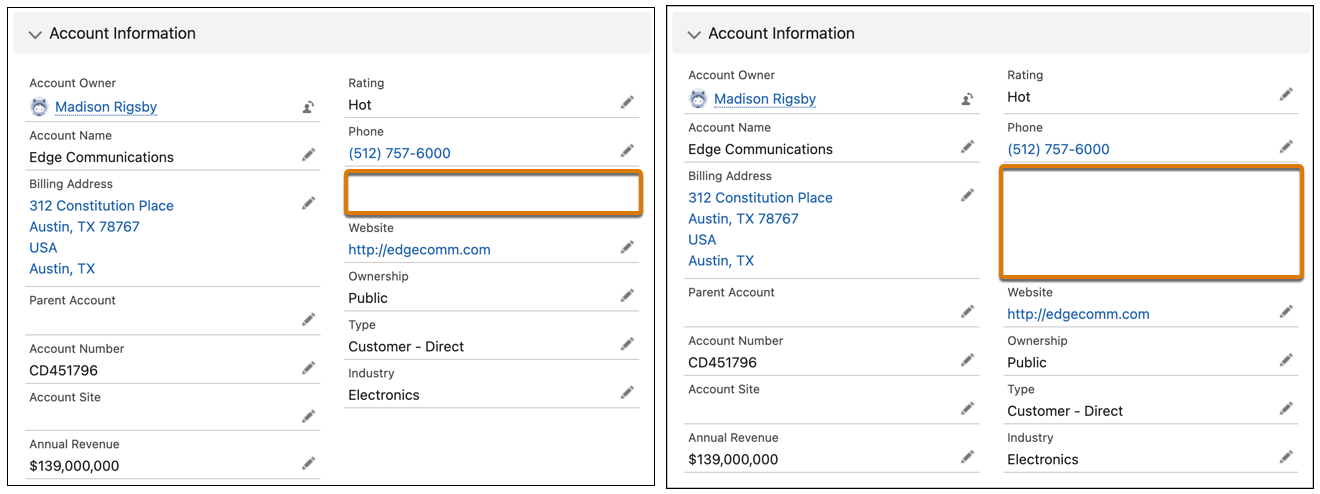 Comparison of field sections with horizontal alignment setting disabled on the left and enabled on the right.