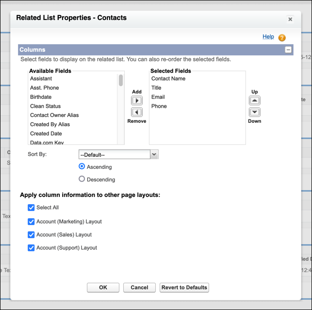 Related list configuration window