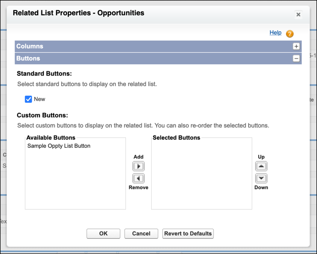 Related list configuration window with Buttons section expanded