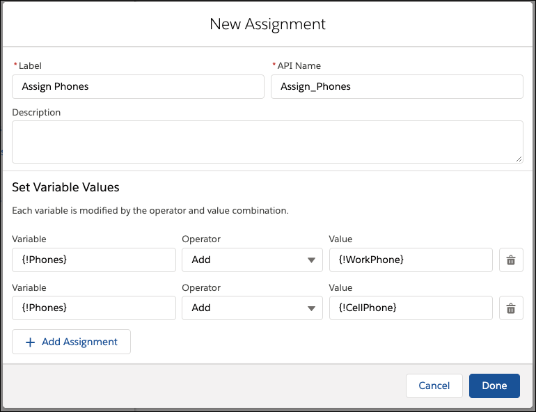 Assign the two phone variables to add to the Phones array variable.