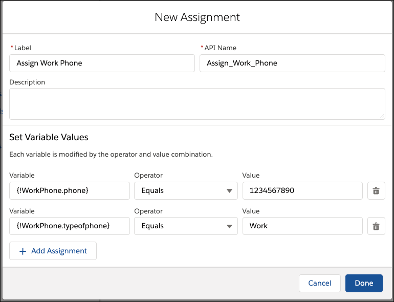 Assign the variable values for the work phone.