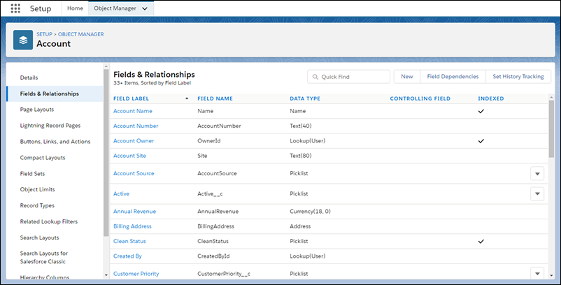 Field and Relationships for the Account object in Object Manager