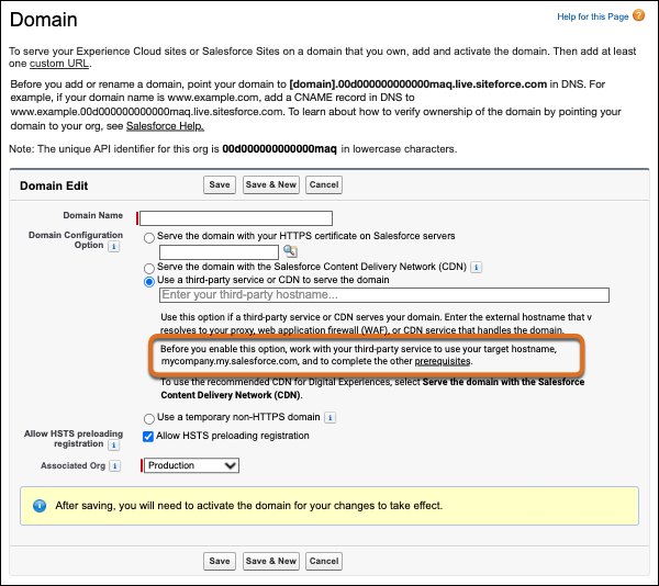 The Domain setup page with a circle around the text under the selected HTTPS option that calls out the target host name.