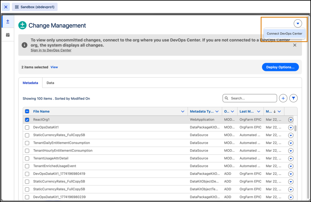 Opción Conectar DevOps Center en la ficha Gestión de cambios.