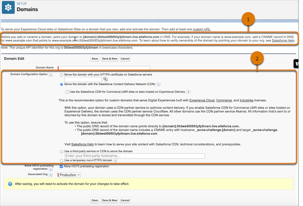 La página Dominio al agregar un dominio personalizado que utiliza Salesforce CDN.