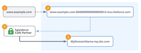 Diagrama de conectividade para domínios que apresentam o conteúdo do seu site do Experience Cloud com a CDN do Salesforce.