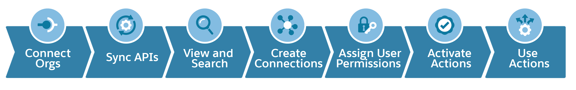 A flowchart shows steps in a process: connect orgs, sync, view and search, create connections, assign user permissions, activate actions, use actions.